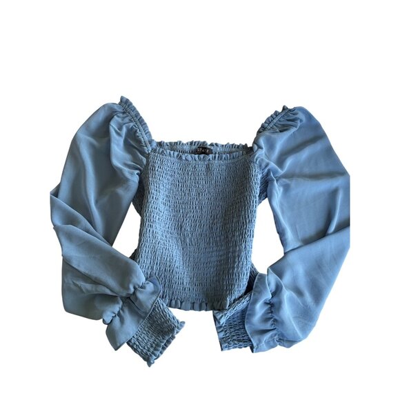 1.State Womens Blue Smocked Crop Top With Puff Sleeves - Small Lightweight - Picture 13 of 14